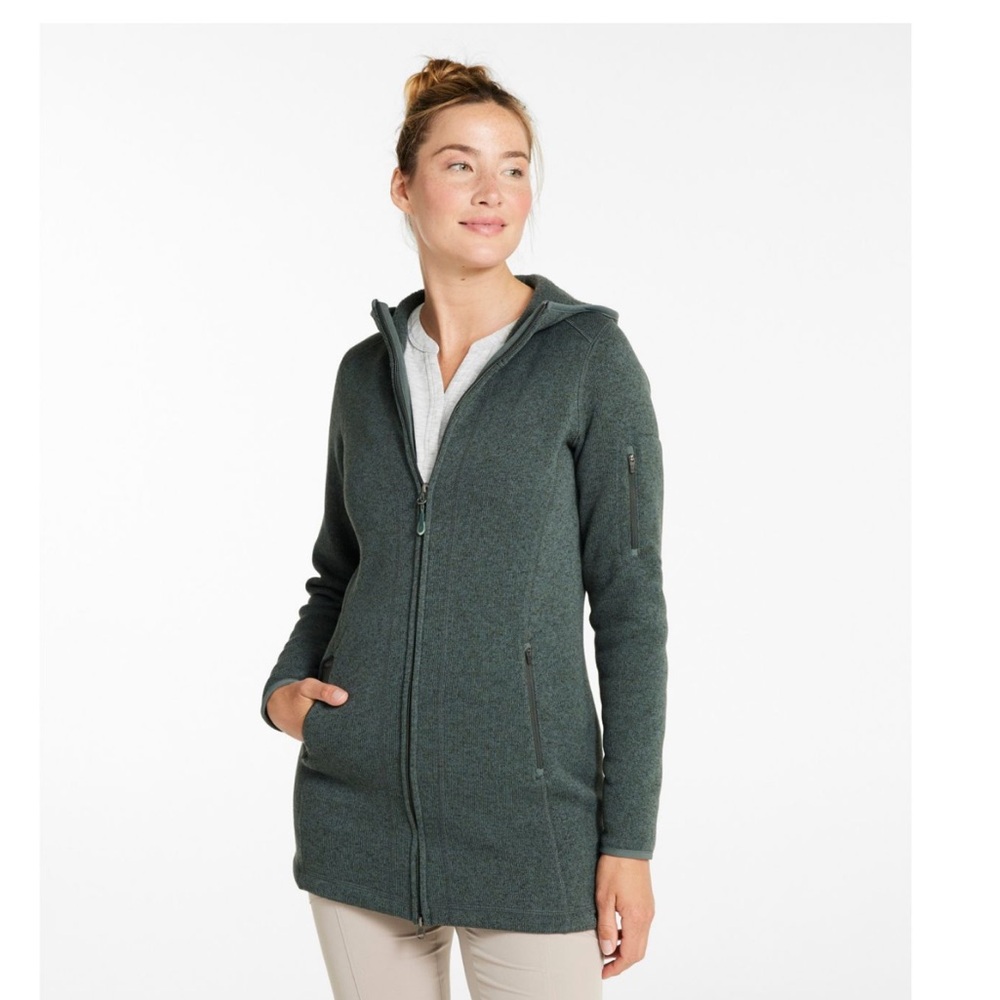 L.L. Bean Women's Dark Green Sweater Fleece Coat with Hood